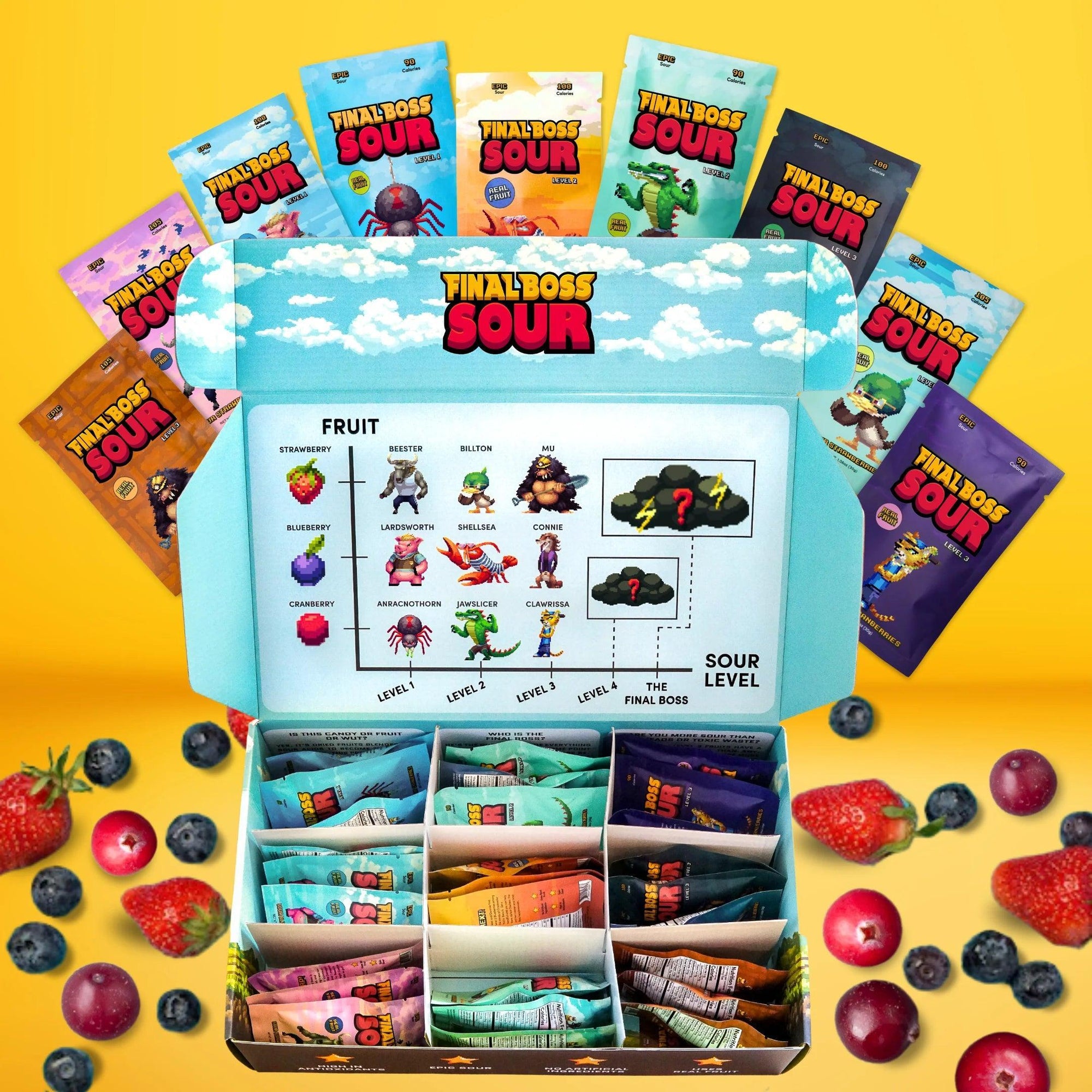 Final Boss VIP Sampler Pack - Sour Candy - 18 Pouches of Sour Strawberries, Blueberries, Mango, Kiwi, Pineapple, and Cranberries - 3 Level Sour Challenge
