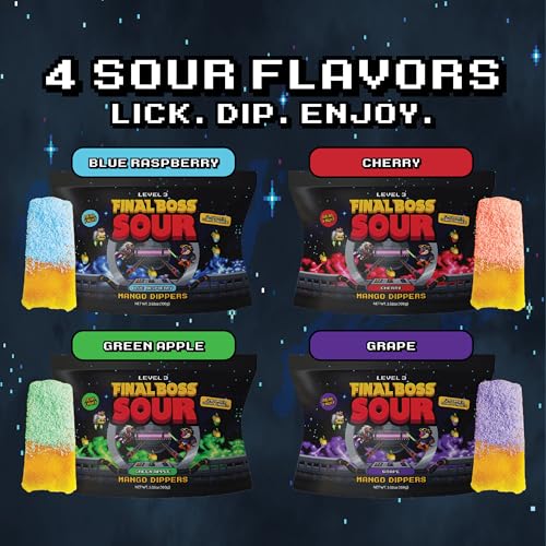 Final Boss Sour, Fun Dip, Extreme Super Sour Powder with Real Candy-Tasting Dried Mangoes, (3.5 Ounces Bag, Pack of 4) - Vintage Old School 80s and 90s Party Candy
