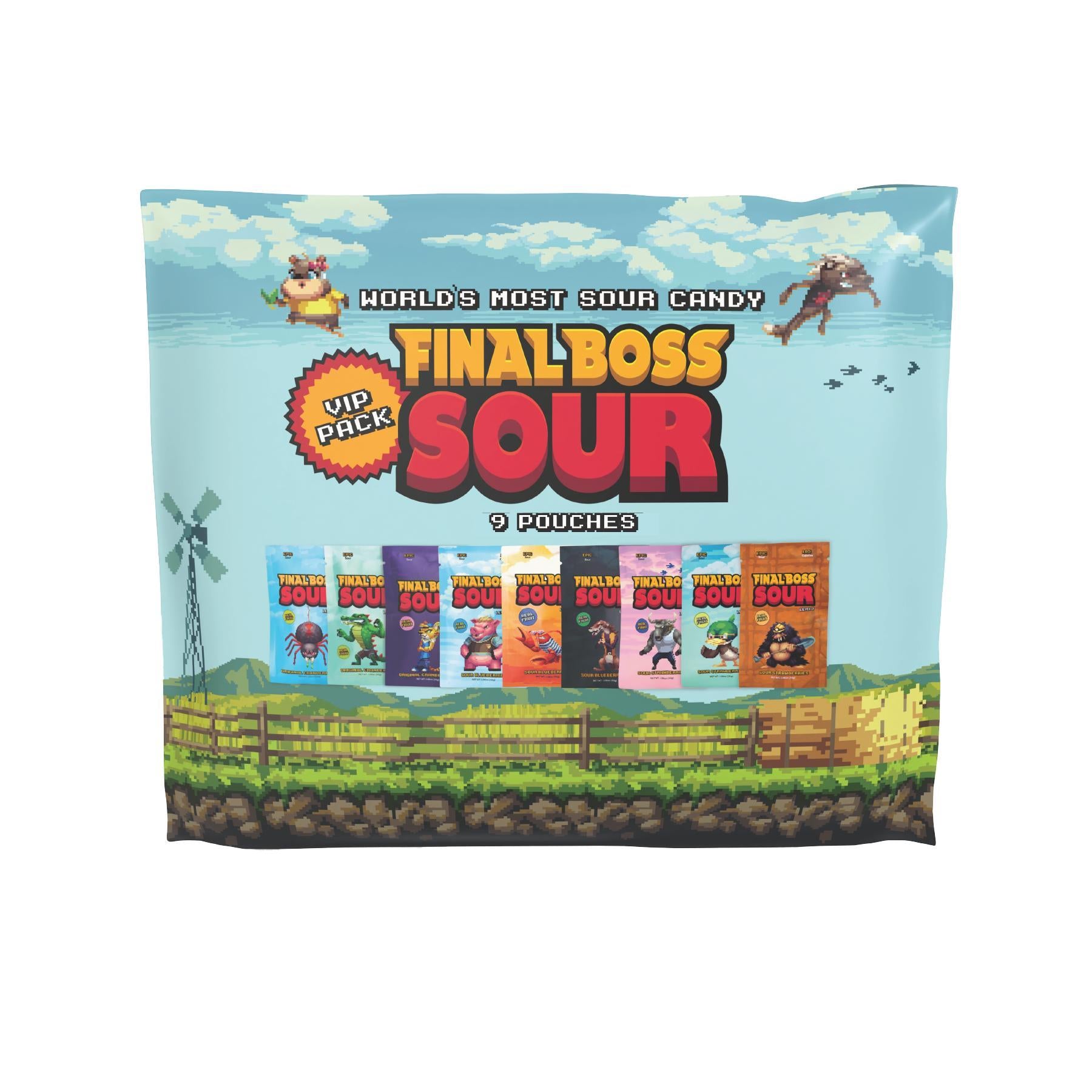 Final Boss VIP Sampler Pack - Sour Candy - 18 Pouches of Sour Strawberries, Blueberries, Mango, Kiwi, Pineapple, and Cranberries - 3 Level Sour Challenge
