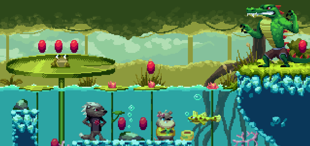 Video game scene - Hank and Quinnie facing Jawslicer, the mini boss.