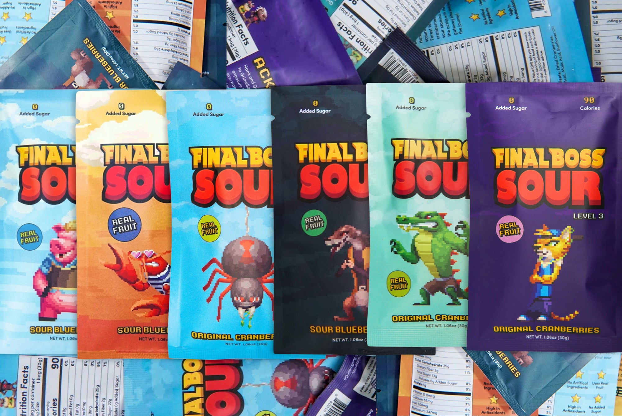 Packs of Final Boss - one of each fruit flavor and level