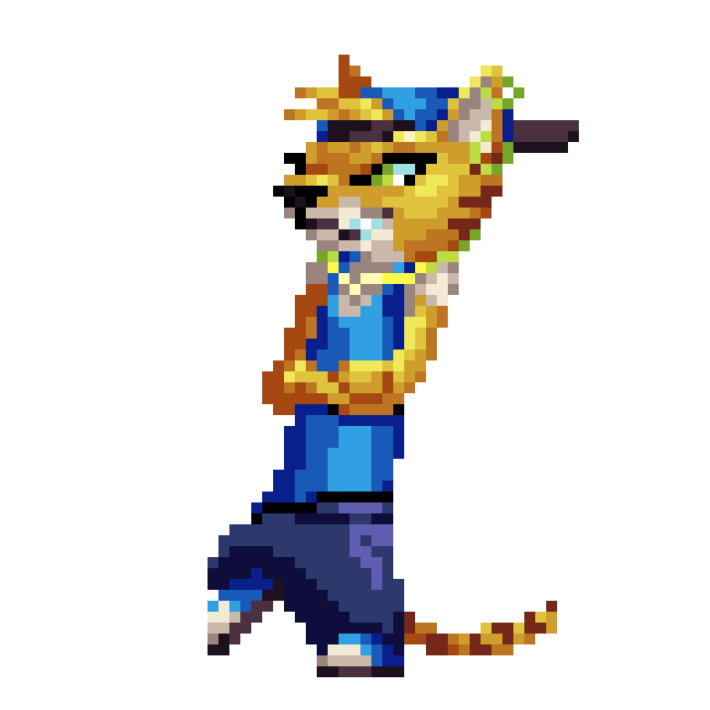 Animated cat wearing backwards cap in pixel art style.