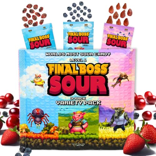 Final Boss Sour Candy Minipacks, Worlds Most Extreme Super Sour Snack Challenge, Free of Artificial Colors, Low Calorie Healthy Snack for Kids & Adults - 3 Pack