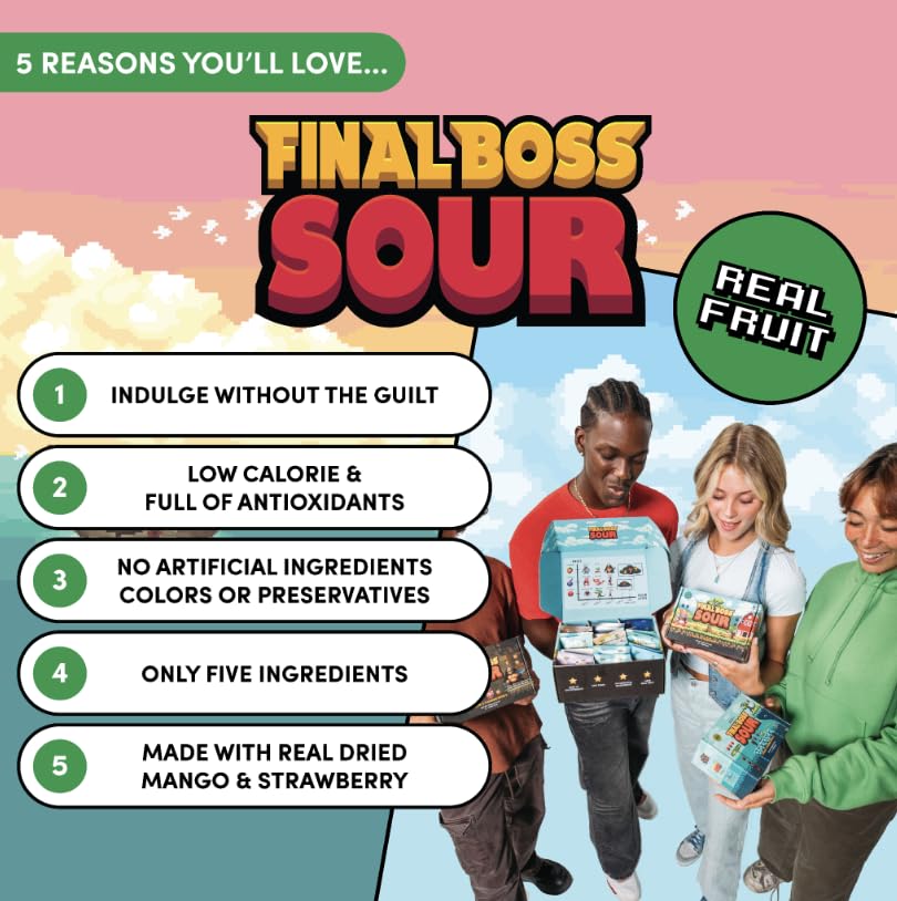 Final Boss Sour Candy Chewy Dried Strawberry & Mango, Natural Fruit Chews with Dried Fruit, Cane Sugar & Sunflower Oil, Level 2, Low Calorie Healthy Snack for Kids, Teens, Adults, Lunch Boxes & On The Go, 3.52 Ounce Bags, 4 Pack