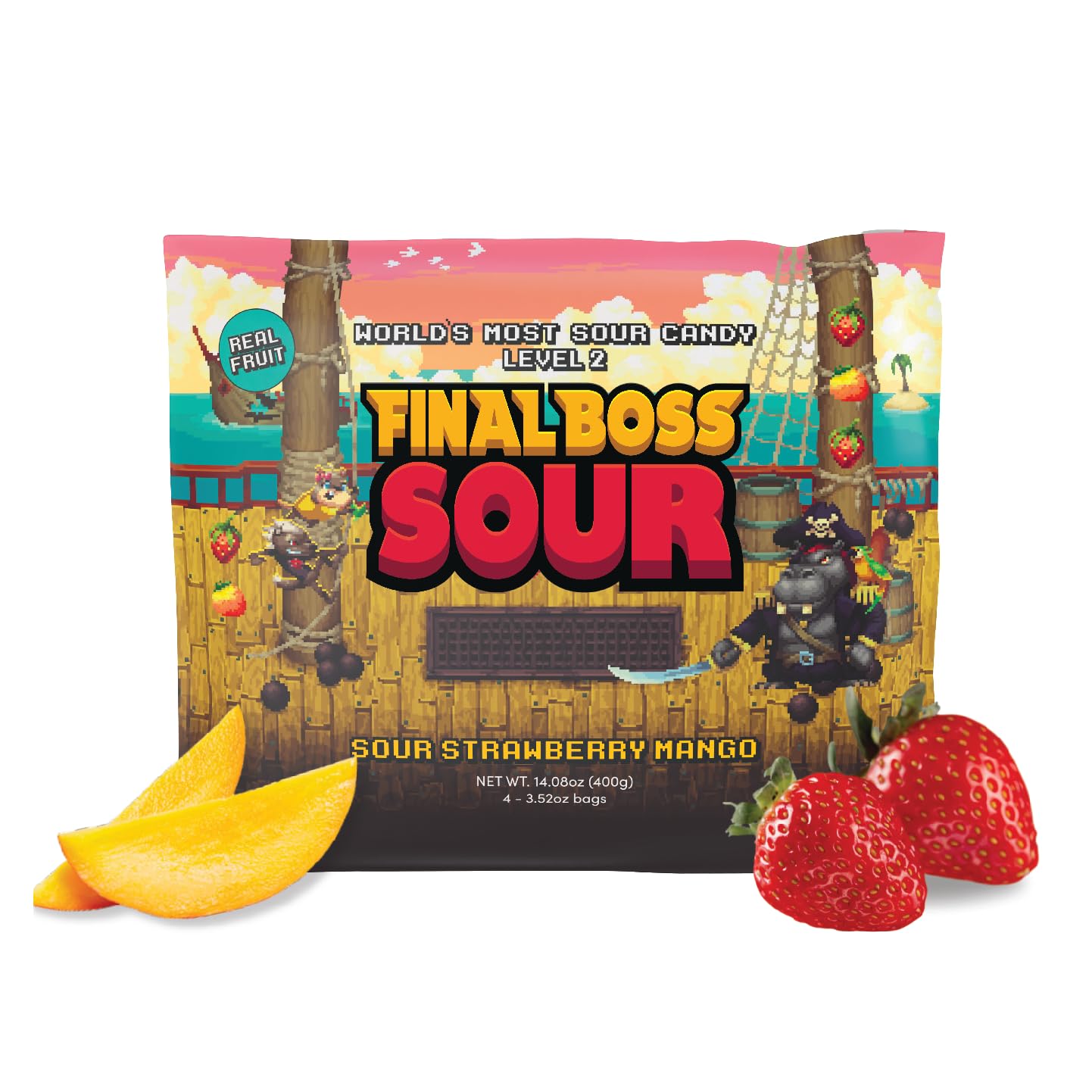 Final Boss Sour Candy Chewy Dried Strawberry & Mango, Natural Fruit Chews with Dried Fruit, Cane Sugar & Sunflower Oil, Level 2, Low Calorie Healthy Snack for Kids, Teens, Adults, Lunch Boxes & On The Go, 3.52 Ounce Bags, 4 Pack