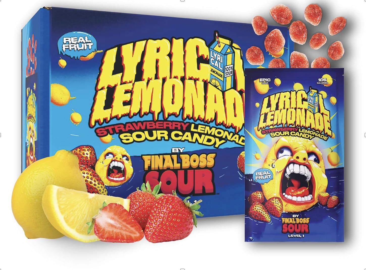 Final Boss Sour and Lyrical Lemonade, Super Sour Strawberry Lemonade Candy (12 Single Serve Bags) - Real Dried Strawberries with Sour Lemon Powder