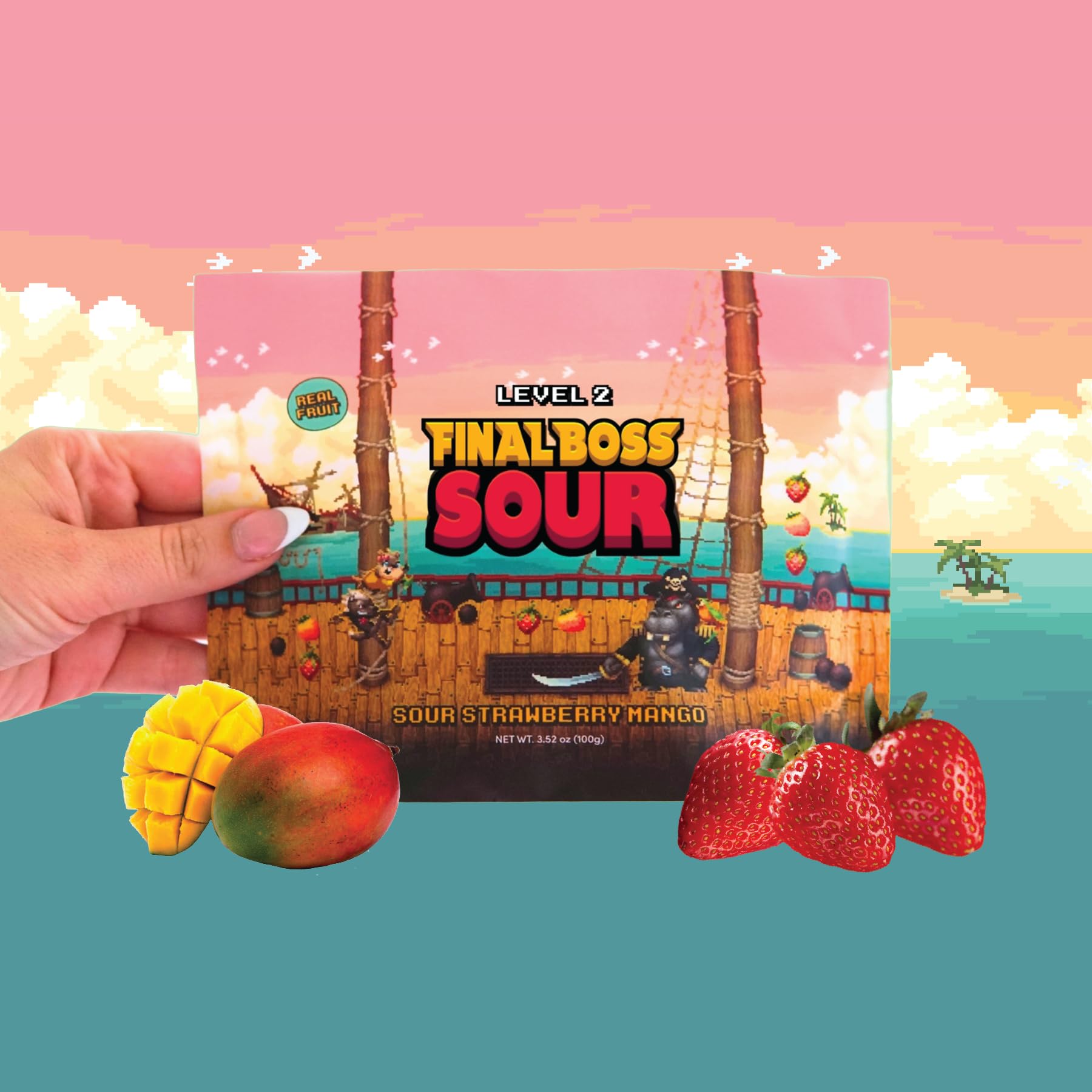 Final Boss Sour Candy Chewy Dried Strawberry & Mango, Natural Fruit Chews with Dried Fruit, Cane Sugar & Sunflower Oil, Level 2, Low Calorie Healthy Snack for Kids, Teens, Adults, Lunch Boxes & On The Go, 3.52 Ounce Bags, 4 Pack