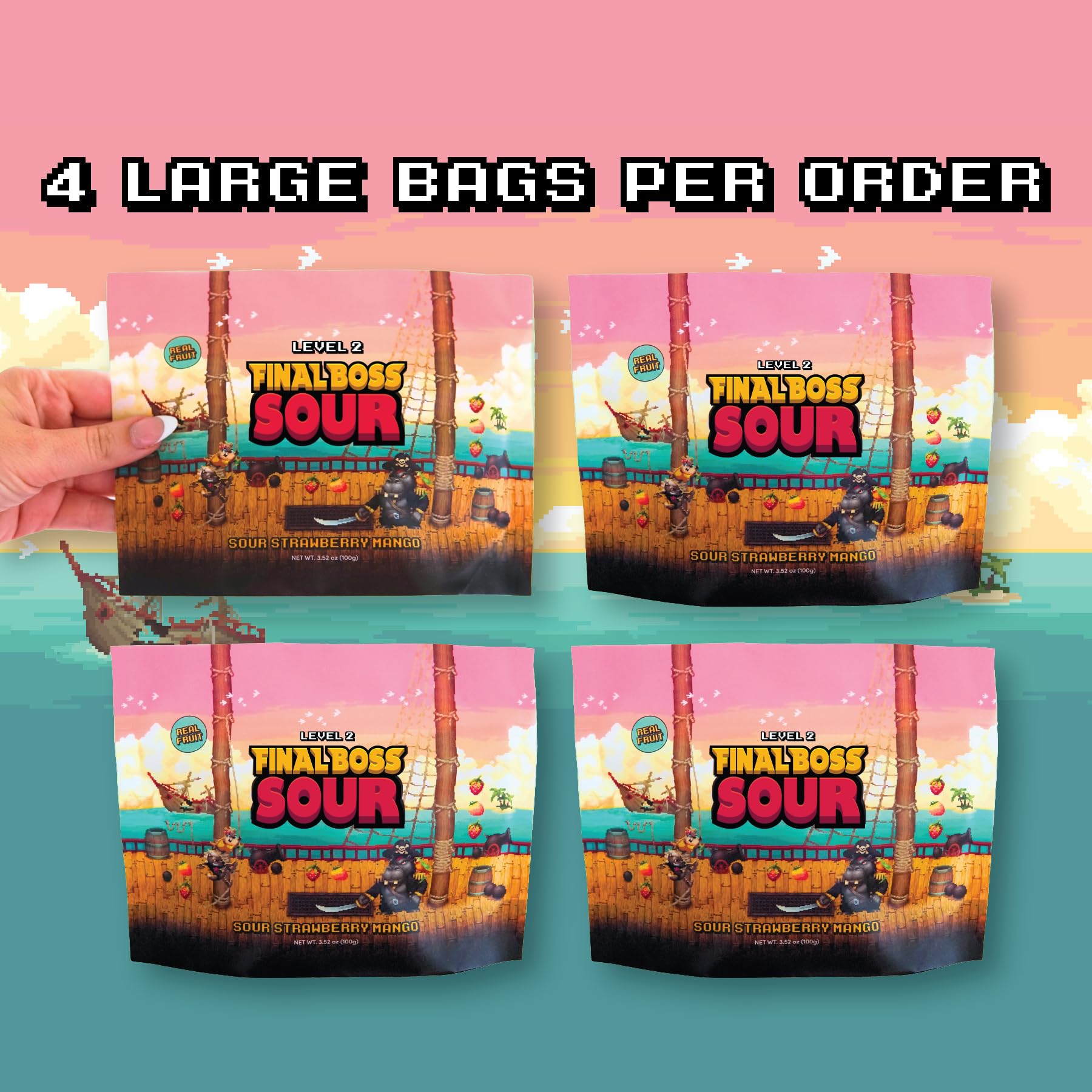 Final Boss Sour Candy Chewy Dried Strawberry & Mango, Natural Fruit Chews with Dried Fruit, Cane Sugar & Sunflower Oil, Level 2, Low Calorie Healthy Snack for Kids, Teens, Adults, Lunch Boxes & On The Go, 3.52 Ounce Bags, 4 Pack