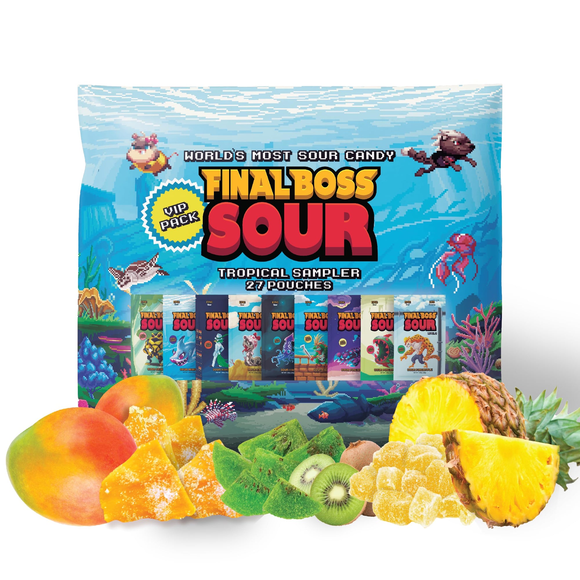 Final Boss Sour Extremely Super Sour Candy, Tropical Flavor Sampler Pack, Natural Fruit Chews with Dried Fruit, Cane Sugar & Sunflower Oil, All Sour Levels, Low Calorie Healthy Snack for Kids, Teens, Adults, Lunch Boxes & On The Go, 27 Pack