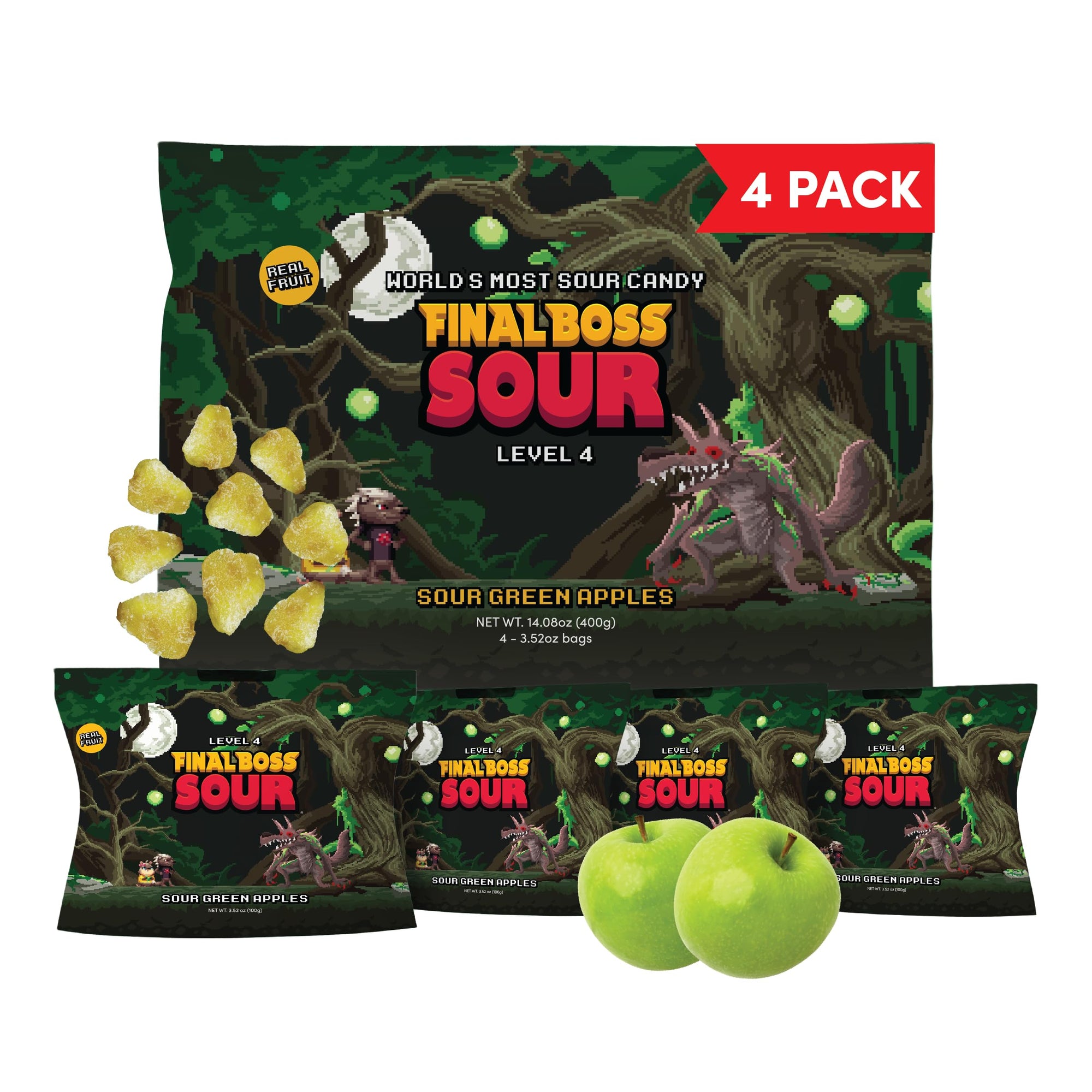Final Boss Sour Candy Green Apple, Natural Fruit Chews with Dried Fruit, Cane Sugar & Sunflower Oil, Level 4, Low Calorie Snack for Kids, Teens, Adults, Lunch Boxes & On The Go, 4 Pack