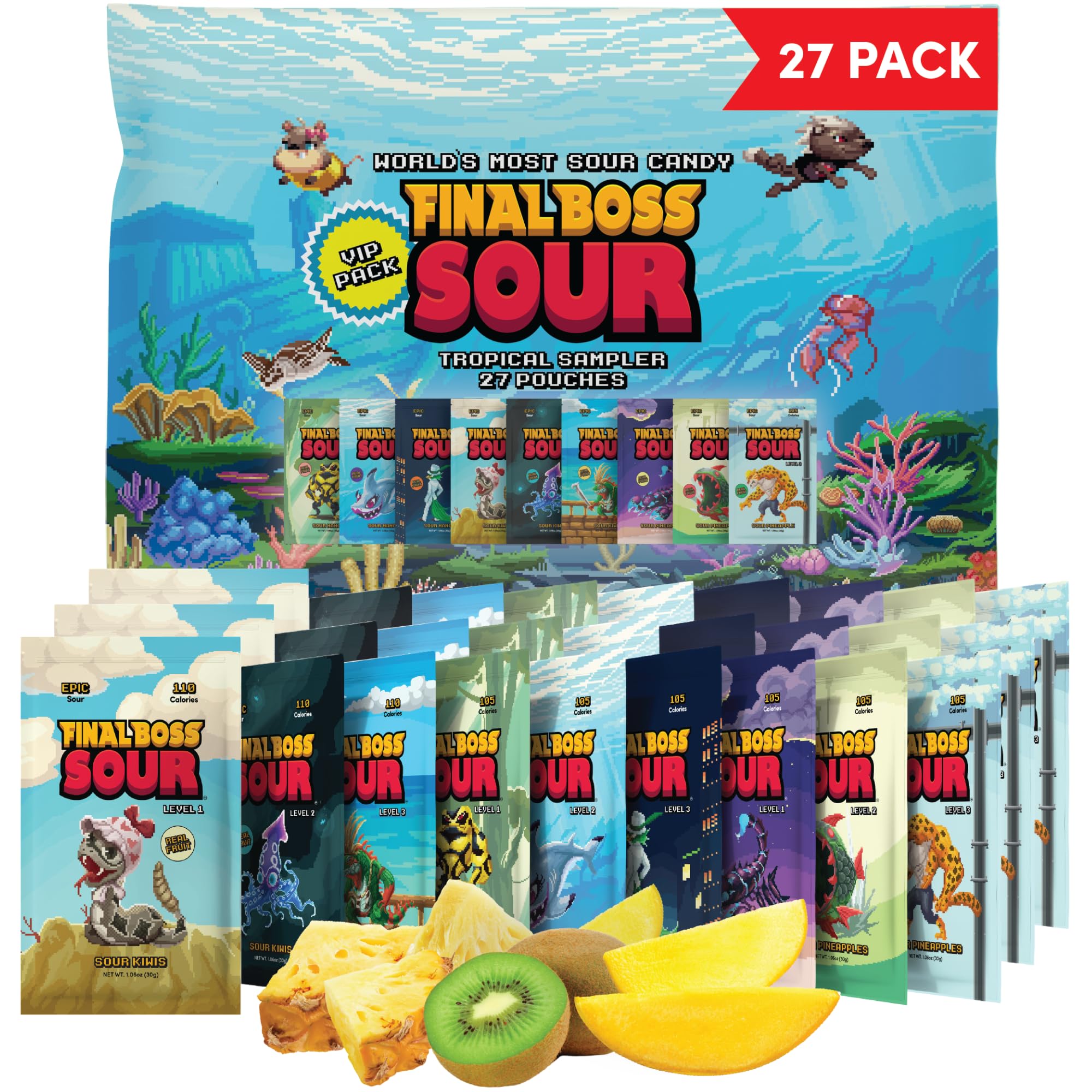 Final Boss Sour Extremely Super Sour Candy, Tropical Flavor Sampler Pack, Natural Fruit Chews with Dried Fruit, Cane Sugar & Sunflower Oil, All Sour Levels, Low Calorie Healthy Snack for Kids, Teens, Adults, Lunch Boxes & On The Go, 27 Pack