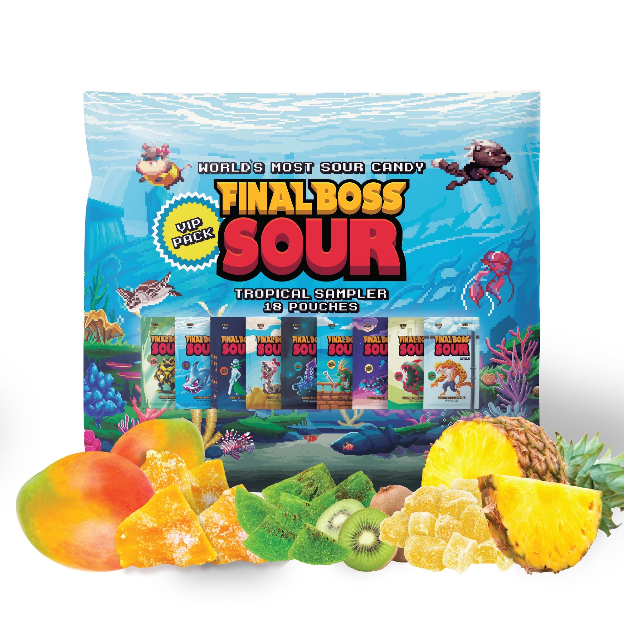 Final Boss Sour Extremely Super Sour Candy, Tropical Flavor Sampler Pack, Natural Fruit Chews with Dried Fruit, Cane Sugar & Sunflower Oil, All Sour Levels, Low Calorie Healthy Snack for Kids, Teens, Adults, Lunch Boxes & On The Go, 18 Pack