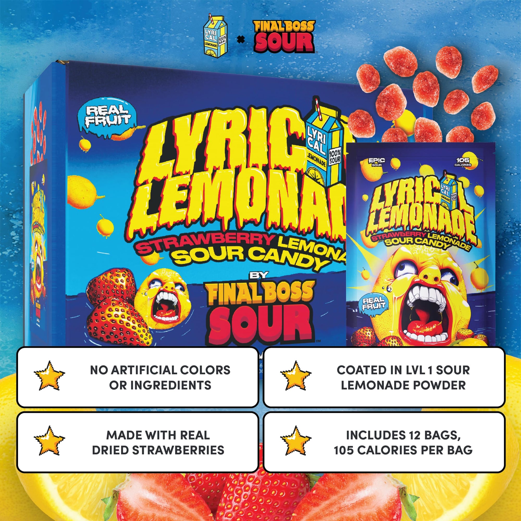 Final Boss Sour and Lyrical Lemonade, Super Sour Strawberry Lemonade Candy (12 Single Serve Bags) - Real Dried Strawberries with Sour Lemon Powder