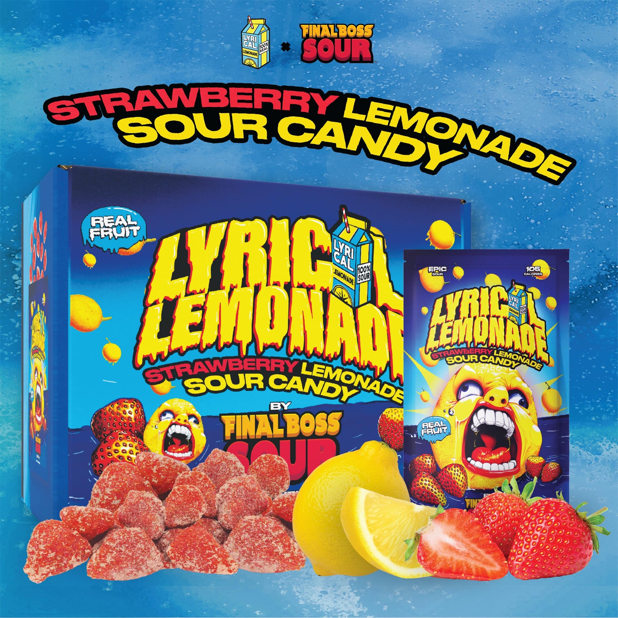 Final Boss Sour and Lyrical Lemonade, Super Sour Strawberry Lemonade Candy (12 Single Serve Bags) - Real Dried Strawberries with Sour Lemon Powder
