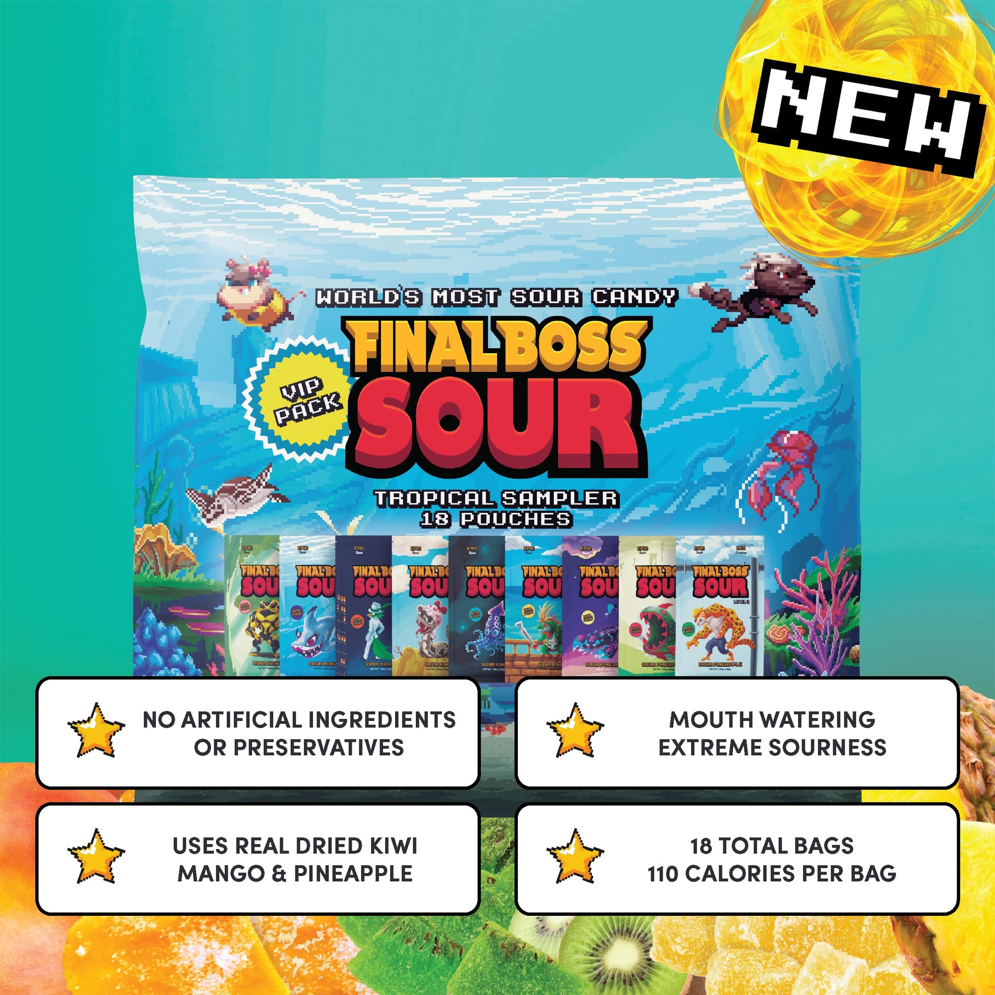 Final Boss Sour Extremely Super Sour Candy, Tropical Flavor Sampler Pack, Natural Fruit Chews with Dried Fruit, Cane Sugar & Sunflower Oil, All Sour Levels, Low Calorie Healthy Snack for Kids, Teens, Adults, Lunch Boxes & On The Go, 18 Pack