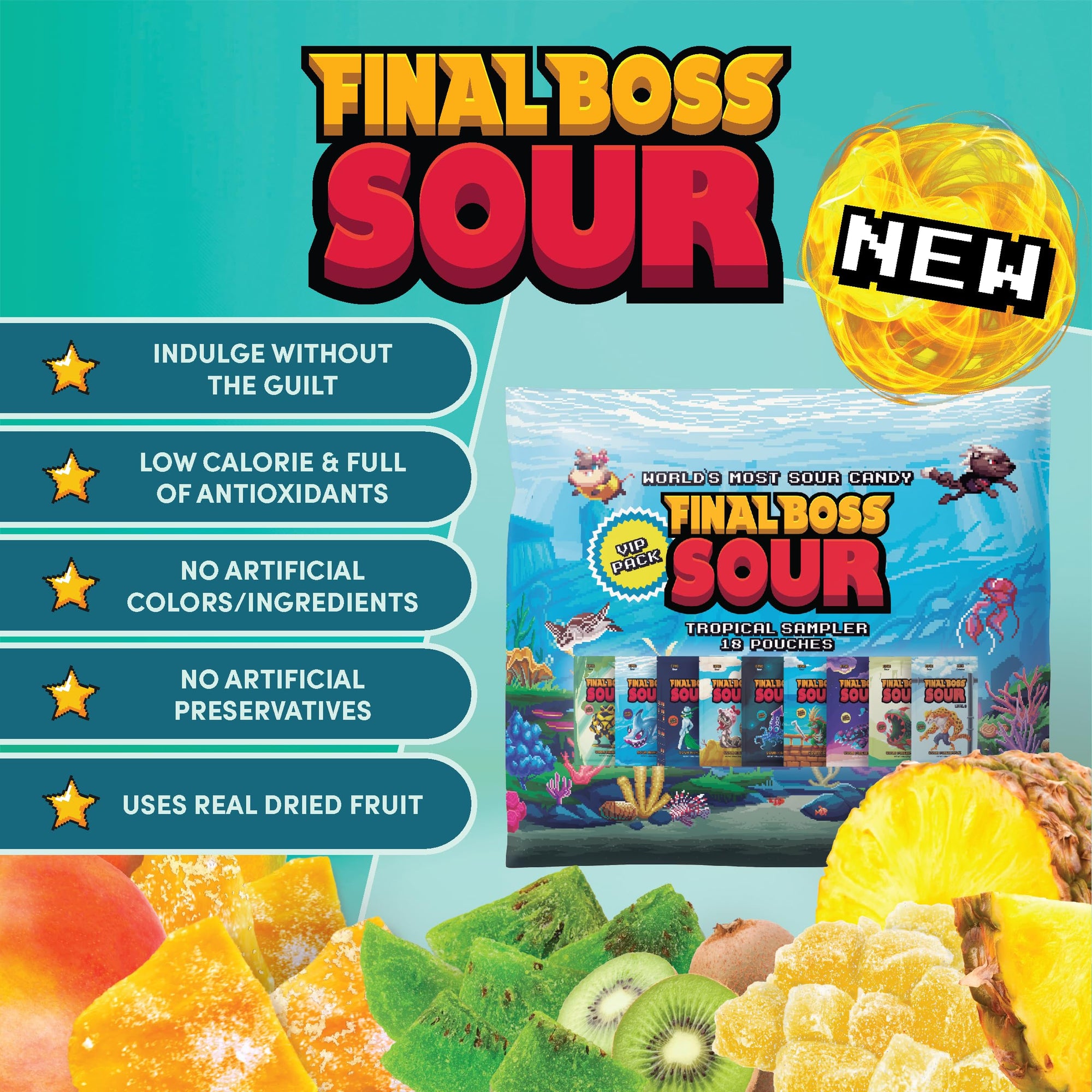 Final Boss Sour Extremely Super Sour Candy, Tropical Flavor Sampler Pack, Natural Fruit Chews with Dried Fruit, Cane Sugar & Sunflower Oil, All Sour Levels, Low Calorie Healthy Snack for Kids, Teens, Adults, Lunch Boxes & On The Go, 18 Pack