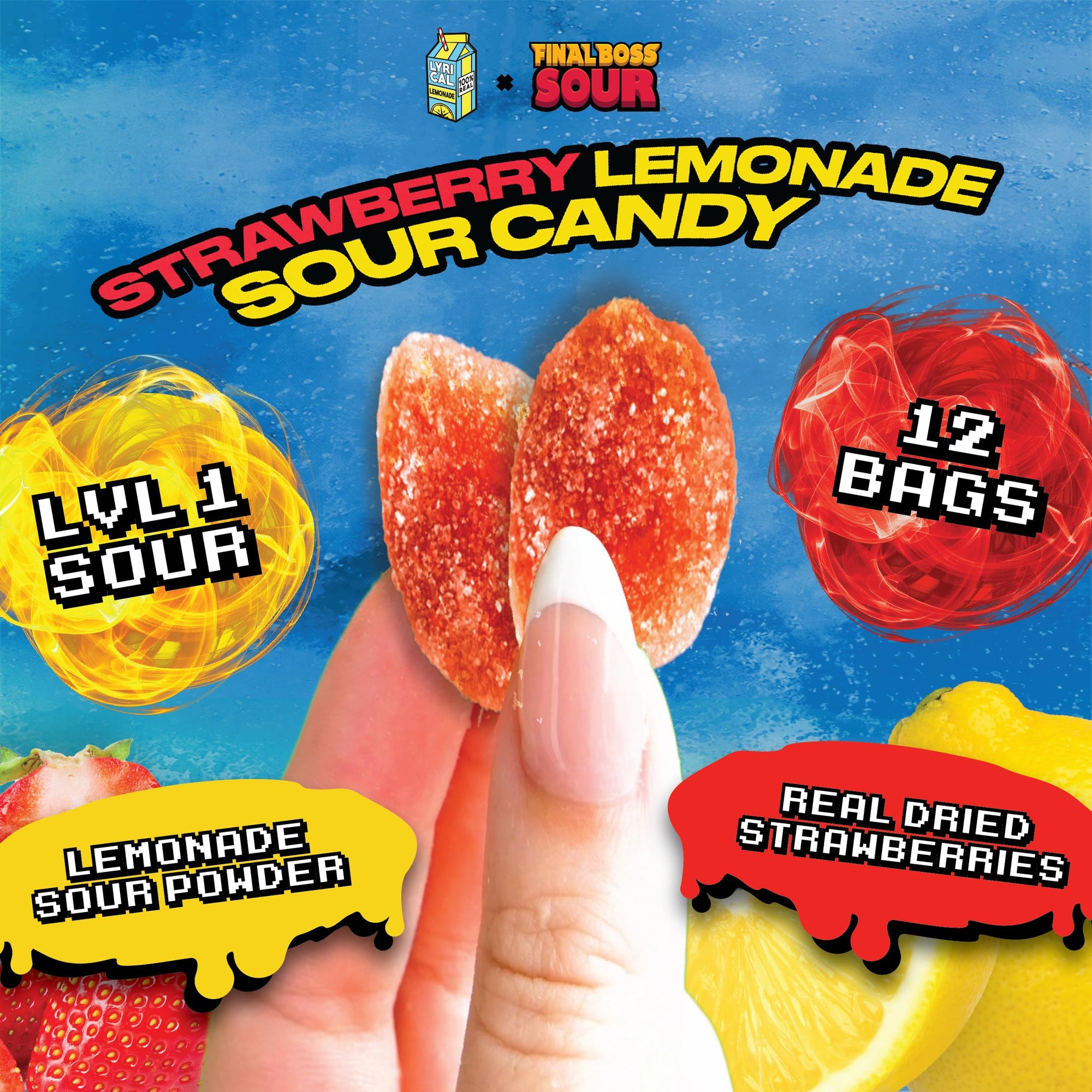 Final Boss Sour and Lyrical Lemonade, Super Sour Strawberry Lemonade Candy (12 Single Serve Bags) - Real Dried Strawberries with Sour Lemon Powder