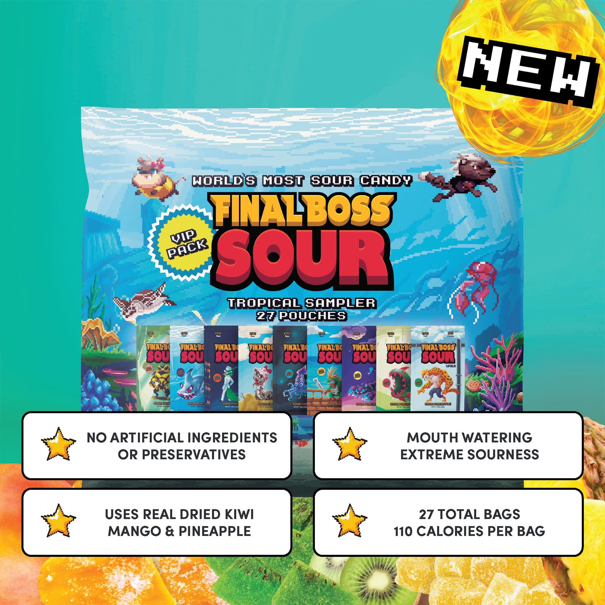 Final Boss Sour Extremely Super Sour Candy, Tropical Flavor Sampler Pack, Natural Fruit Chews with Dried Fruit, Cane Sugar & Sunflower Oil, All Sour Levels, Low Calorie Healthy Snack for Kids, Teens, Adults, Lunch Boxes & On The Go, 27 Pack