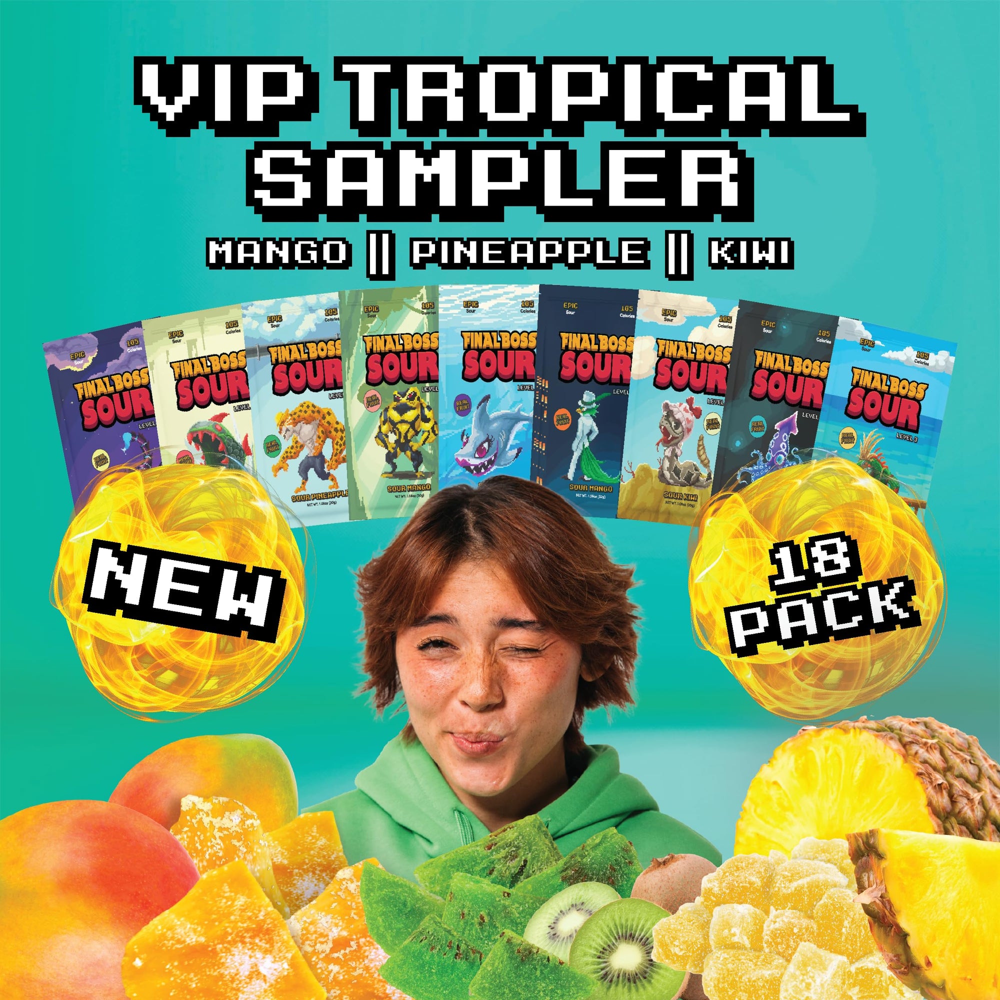 Final Boss Sour Extremely Super Sour Candy, Tropical Flavor Sampler Pack, Natural Fruit Chews with Dried Fruit, Cane Sugar & Sunflower Oil, All Sour Levels, Low Calorie Healthy Snack for Kids, Teens, Adults, Lunch Boxes & On The Go, 18 Pack