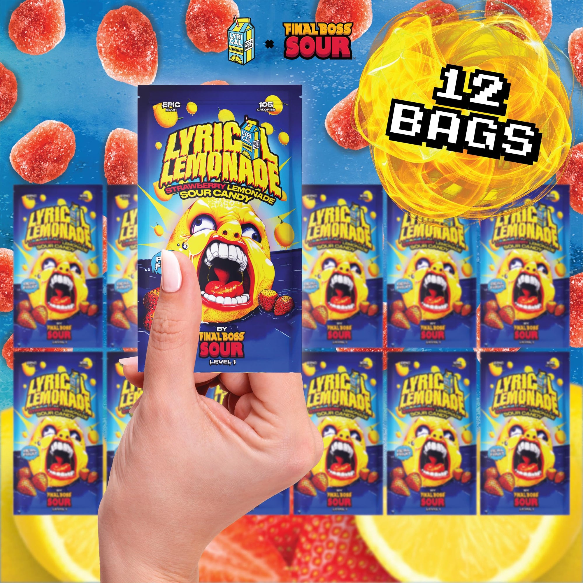 Final Boss Sour and Lyrical Lemonade, Super Sour Strawberry Lemonade Candy (12 Single Serve Bags) - Real Dried Strawberries with Sour Lemon Powder
