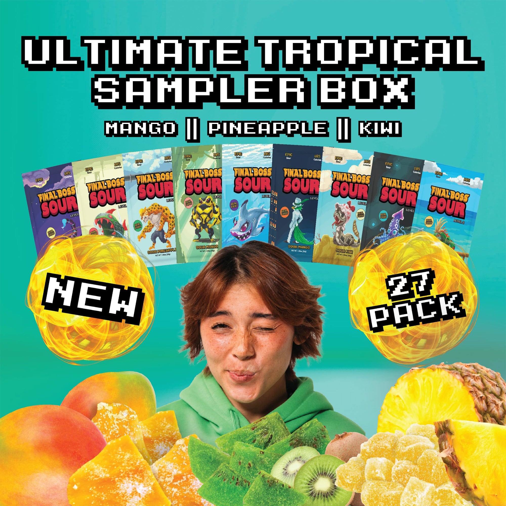 Final Boss Sour Extremely Super Sour Candy, Tropical Flavor Sampler Pack, Natural Fruit Chews with Dried Fruit, Cane Sugar & Sunflower Oil, All Sour Levels, Low Calorie Healthy Snack for Kids, Teens, Adults, Lunch Boxes & On The Go, 27 Pack