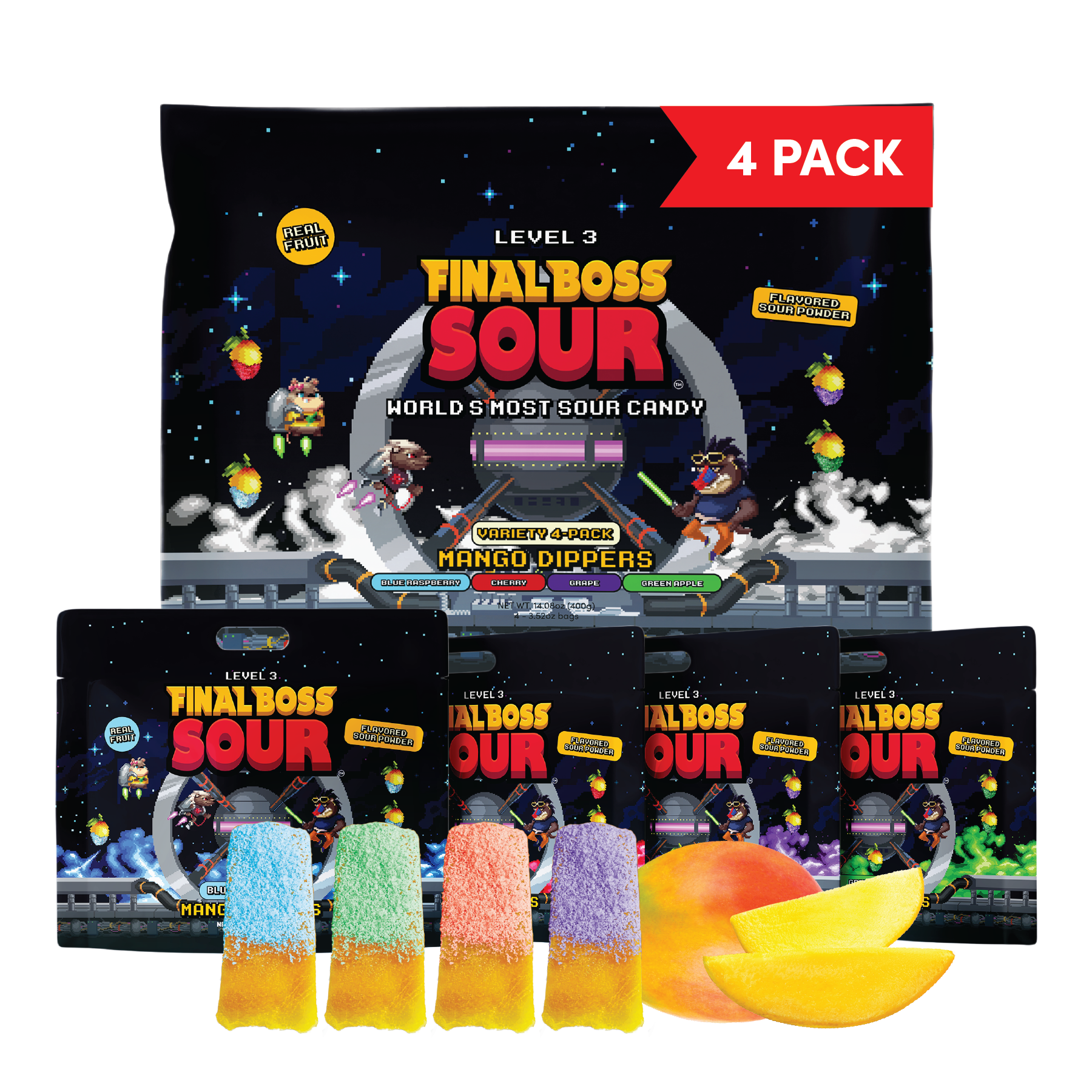 Final Boss Sour, Fun Dip, Extreme Super Sour Powder with Real Candy-Tasting Dried Mangoes, (3.5 Ounces Bag, Pack of 4) - Vintage Old School 80s and 90s Party Candy
