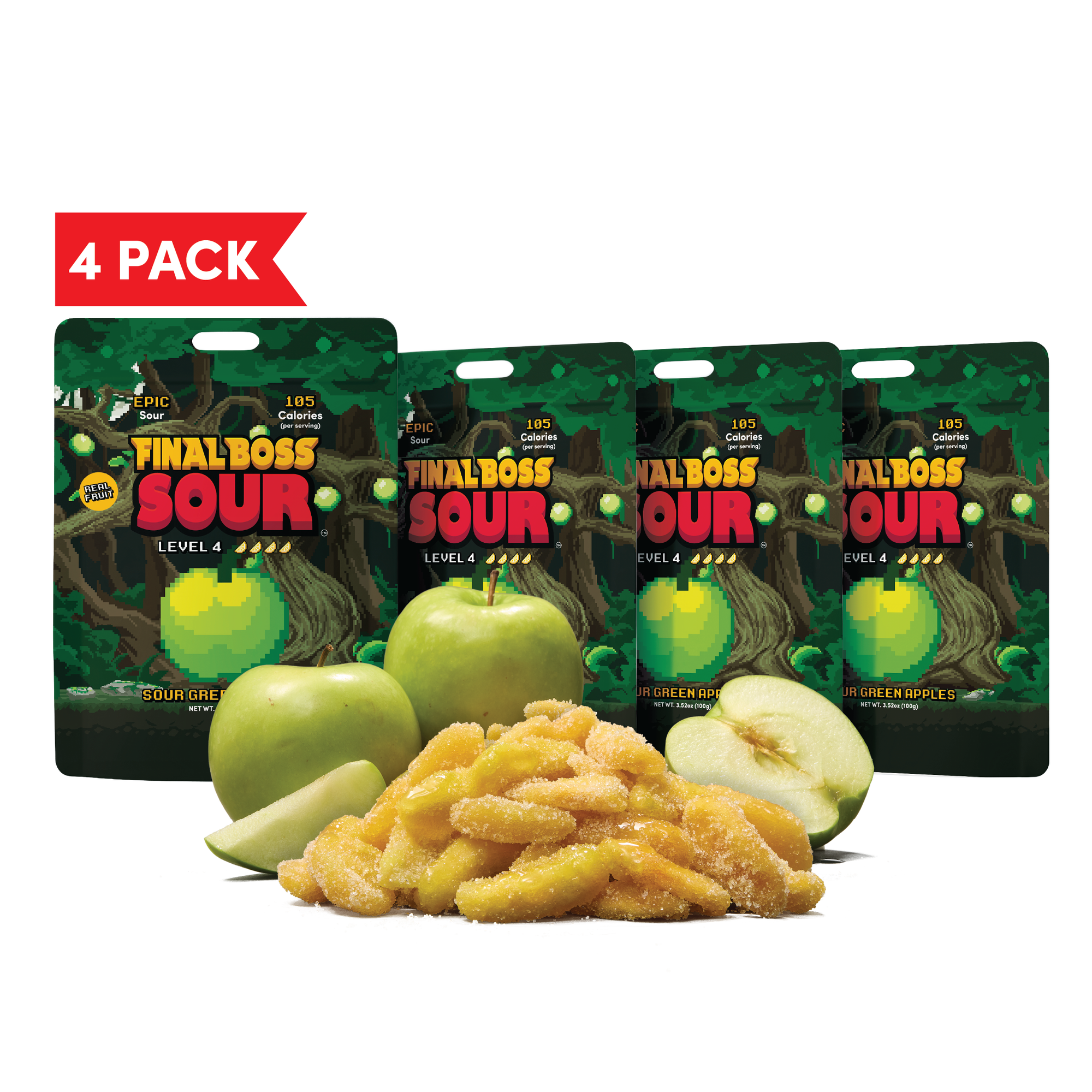 Final Boss Sour Candy Green Apple, Natural Fruit Chews with Dried Fruit, Cane Sugar & Sunflower Oil, Level 4, Low Calorie Snack for Kids, Teens, Adults, Lunch Boxes & On The Go, 4 Pack