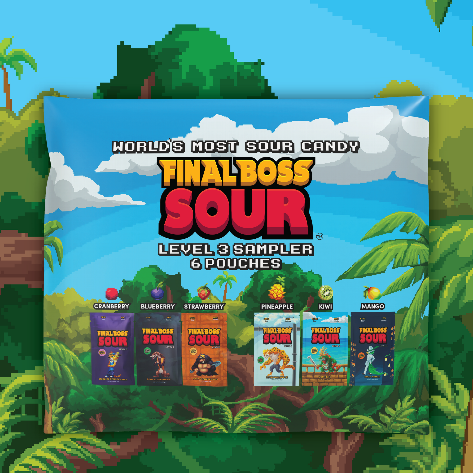 Final Boss VIP Sampler Pack - Sour Candy - 18 Pouches of Sour Strawberries, Blueberries, Mango, Kiwi, Pineapple, and Cranberries - 3 Level Sour Challenge