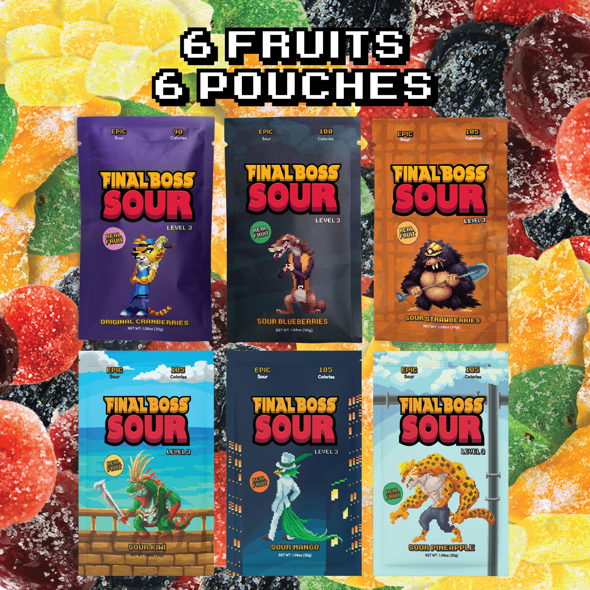 Final Boss VIP Sampler Pack - Sour Candy - 18 Pouches of Sour Strawberries, Blueberries, Mango, Kiwi, Pineapple, and Cranberries - 3 Level Sour Challenge