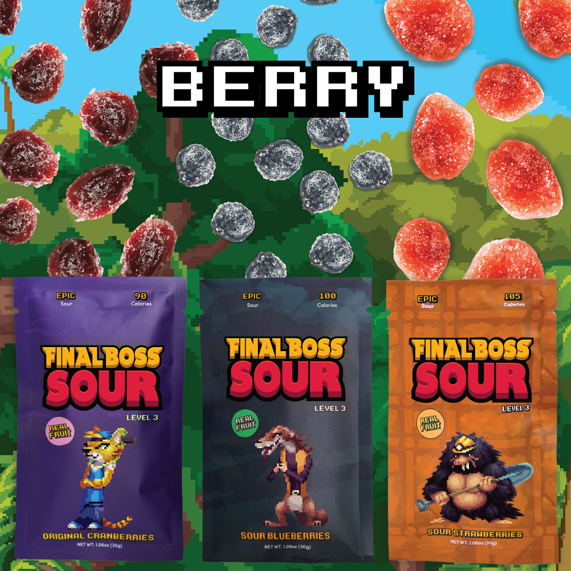 Final Boss VIP Sampler Pack - Sour Candy - 18 Pouches of Sour Strawberries, Blueberries, Mango, Kiwi, Pineapple, and Cranberries - 3 Level Sour Challenge