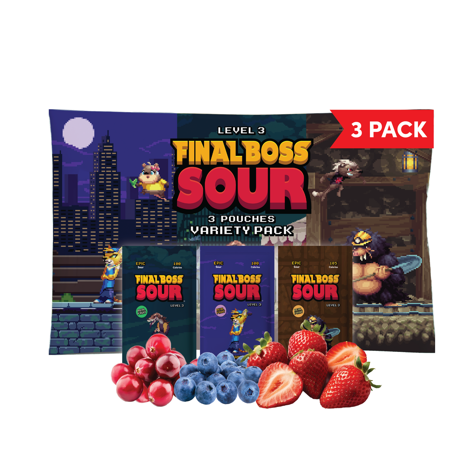 Final Boss VIP Sampler Pack - Sour Candy - 18 Pouches of Sour Strawberries, Blueberries, Mango, Kiwi, Pineapple, and Cranberries - 3 Level Sour Challenge