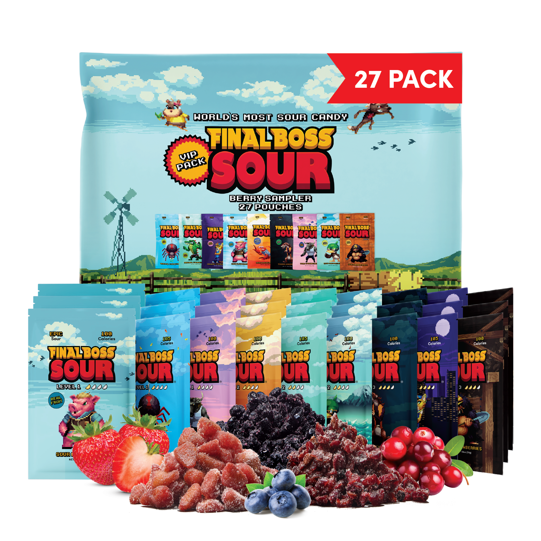 Final Boss Sour Candy Berry Variety Pack, Natural Fruit Chews with Dried Fruit, Cane Sugar & Sunflower Oil, All Sour Levels, Low Calorie Snack for Kids, Teens, Adults, Lunch Boxes & On The Go, 27 Pack