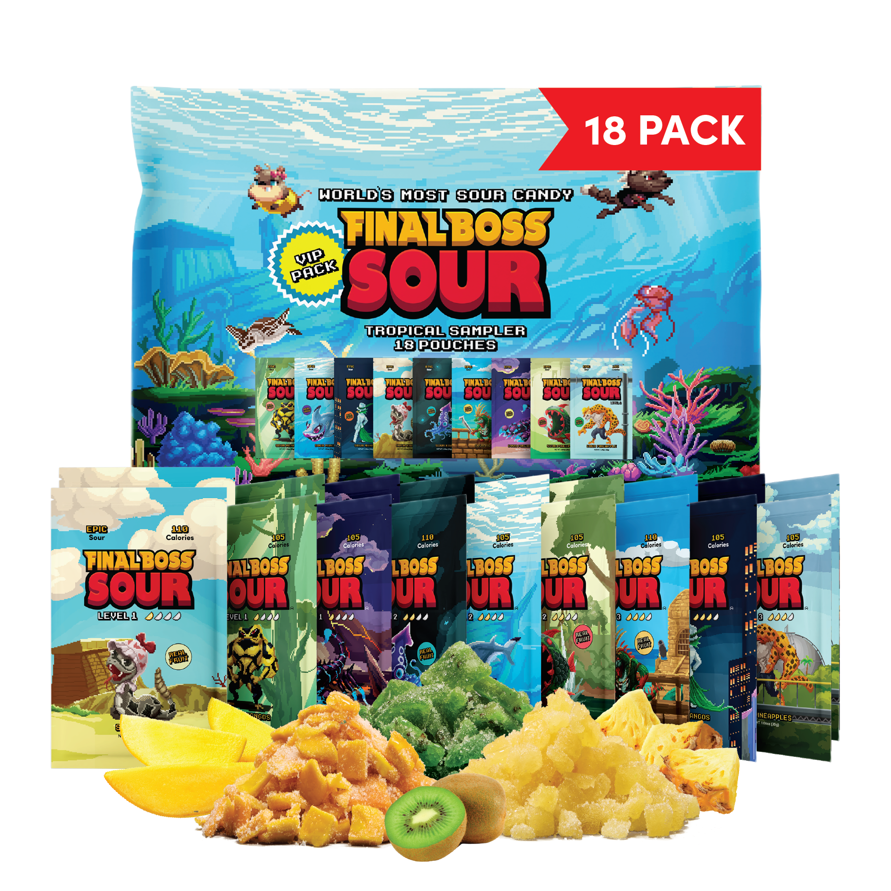 Final Boss Sour Extremely Super Sour Candy, Tropical Flavor Sampler Pack, Natural Fruit Chews with Dried Fruit, Cane Sugar & Sunflower Oil, All Sour Levels, Low Calorie Healthy Snack for Kids, Teens, Adults, Lunch Boxes & On The Go, 18 Pack