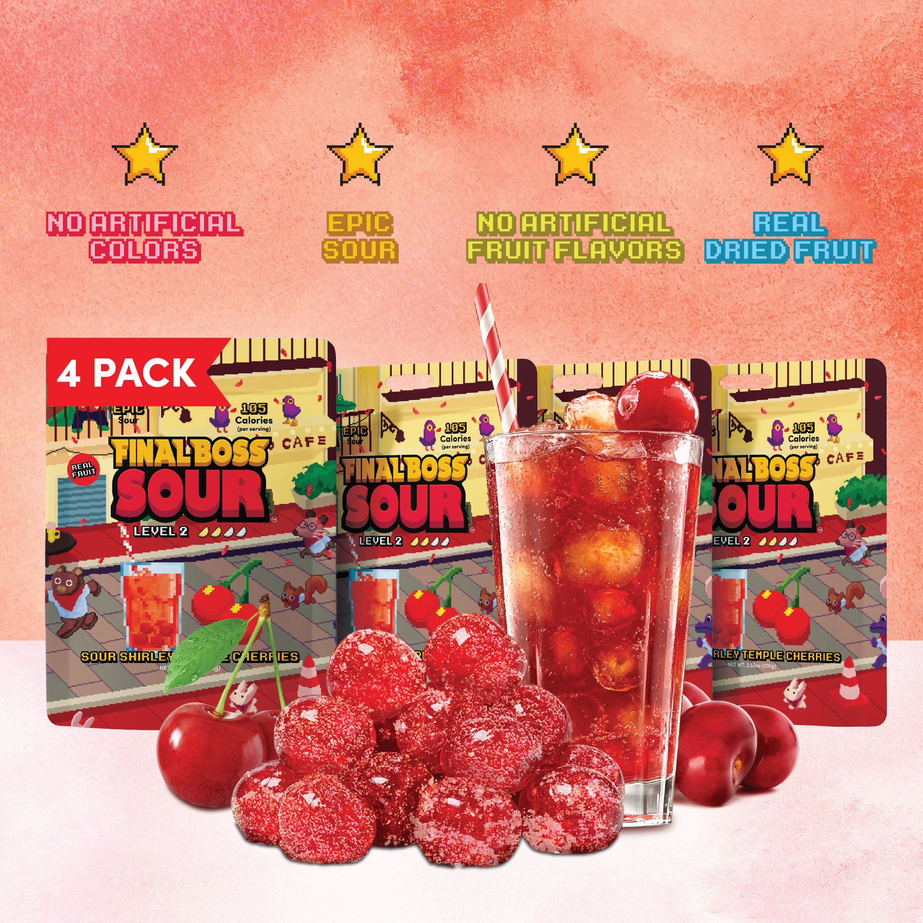 Level 2 Sour Shirley Temple Cherries (4-Pack)