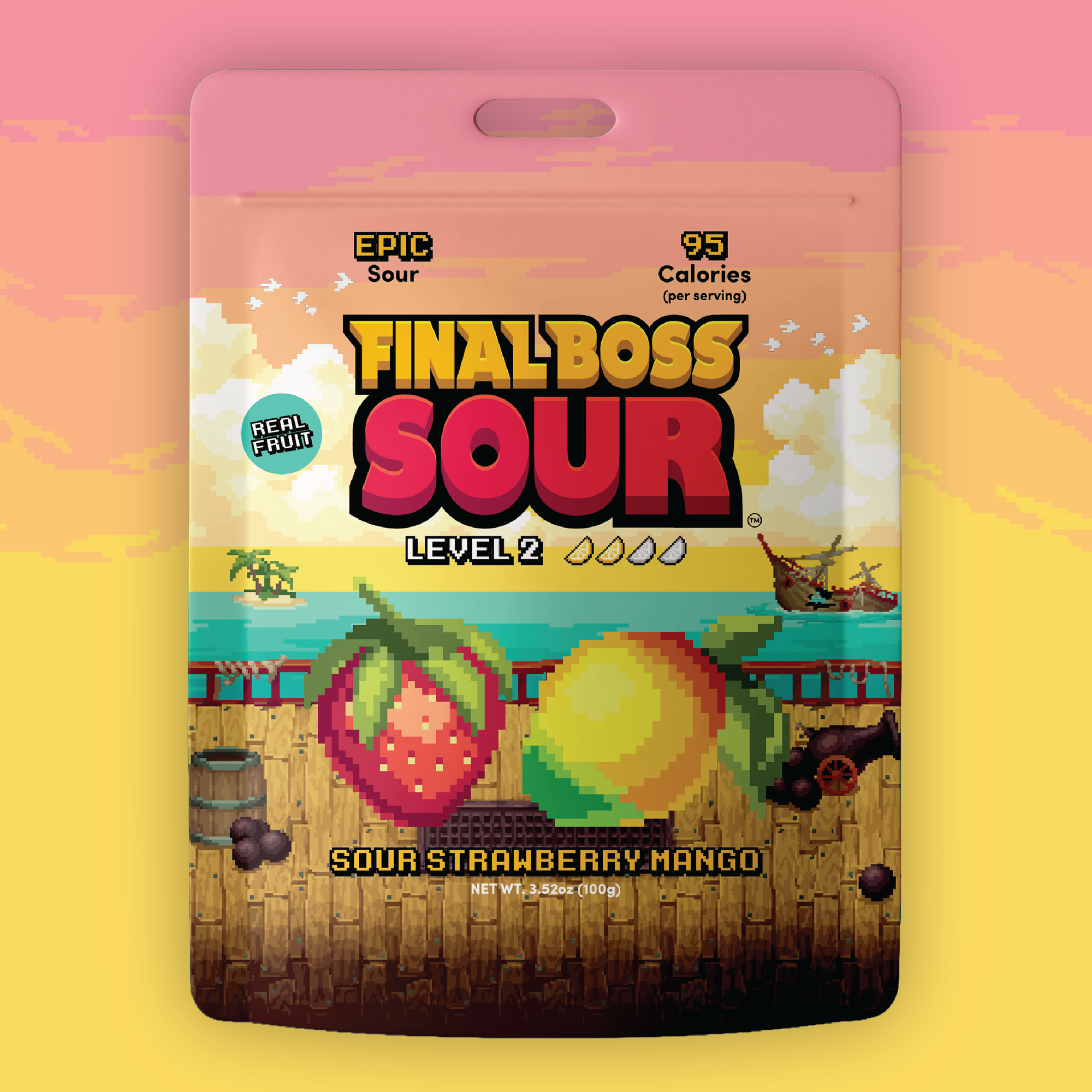 Final Boss Sour Candy Chewy Dried Strawberry & Mango, Natural Fruit Chews with Dried Fruit, Cane Sugar & Sunflower Oil, Level 2, Low Calorie Healthy Snack for Kids, Teens, Adults, Lunch Boxes & On The Go, 3.52 Ounce Bags, 4 Pack
