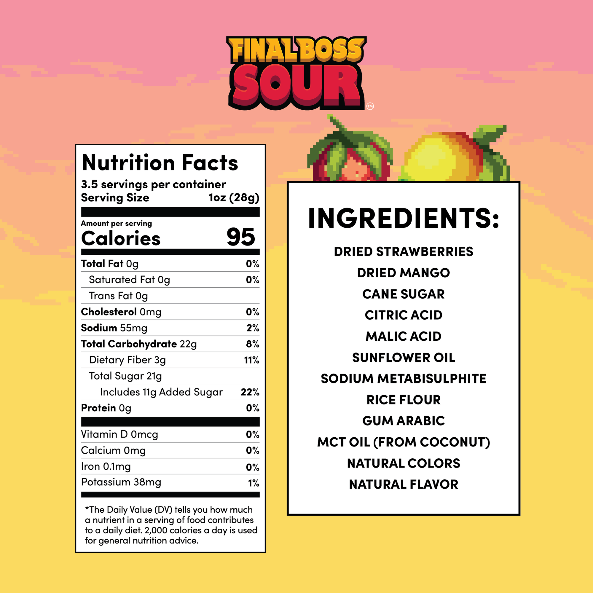 Final Boss Sour Candy Chewy Dried Strawberry & Mango, Natural Fruit Chews with Dried Fruit, Cane Sugar & Sunflower Oil, Level 2, Low Calorie Healthy Snack for Kids, Teens, Adults, Lunch Boxes & On The Go, 3.52 Ounce Bags, 4 Pack