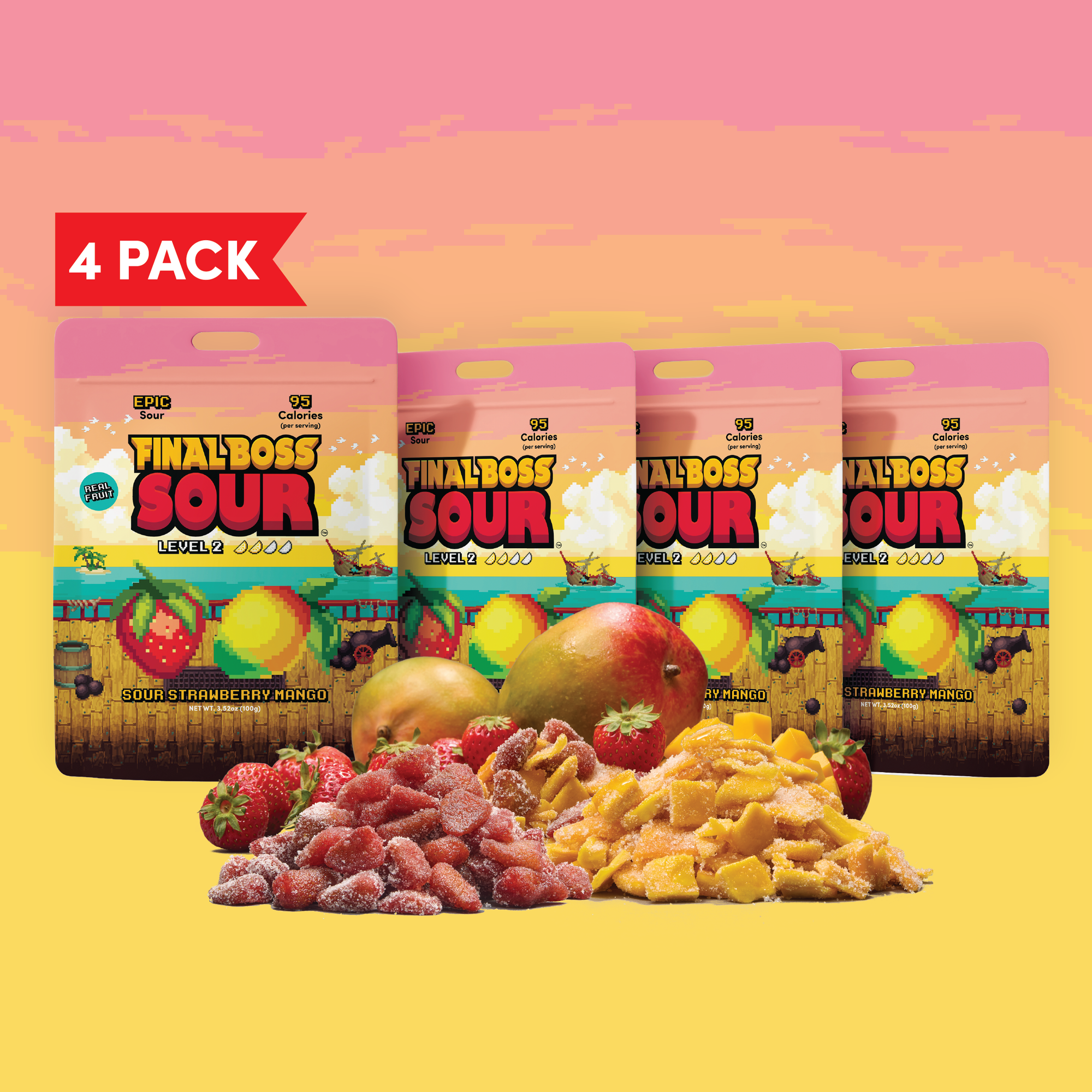 Final Boss Sour Candy Chewy Dried Strawberry & Mango, Natural Fruit Chews with Dried Fruit, Cane Sugar & Sunflower Oil, Level 2, Low Calorie Healthy Snack for Kids, Teens, Adults, Lunch Boxes & On The Go, 3.52 Ounce Bags, 4 Pack