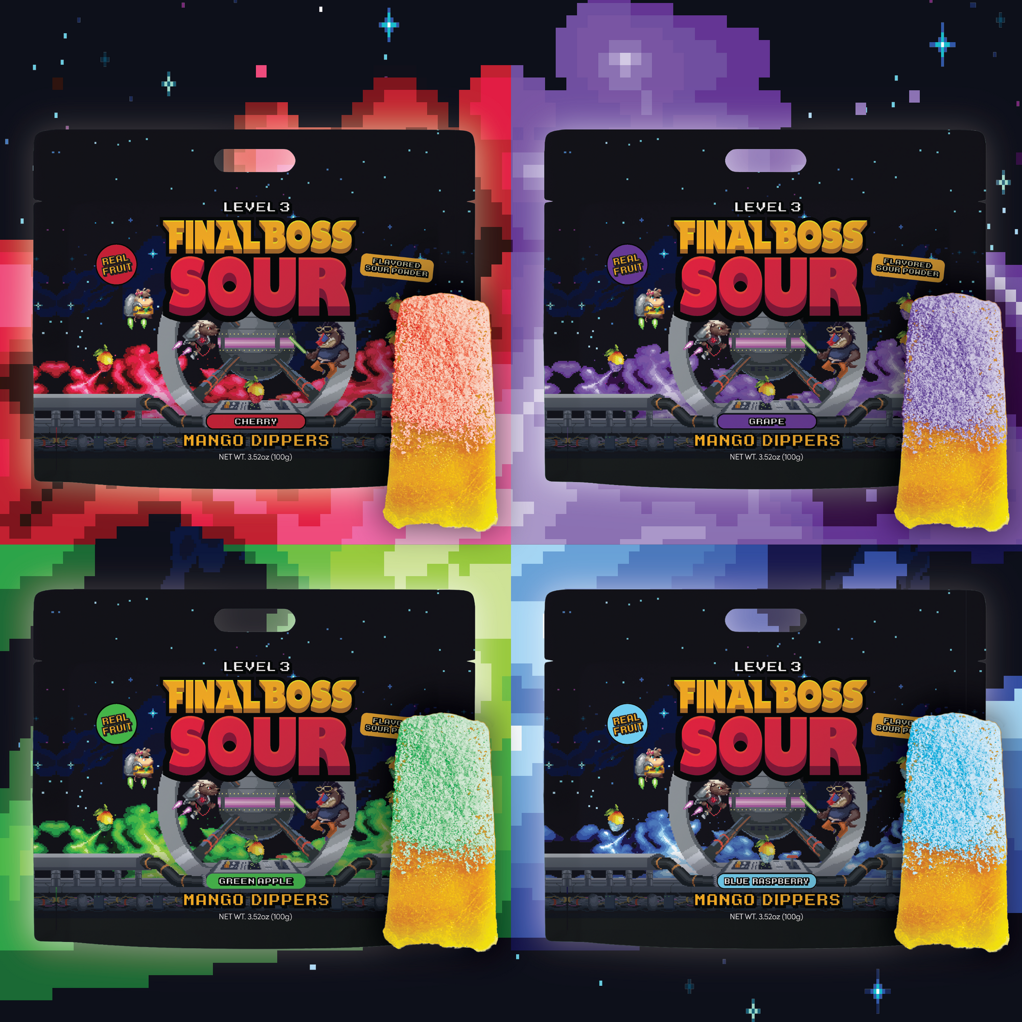 Final Boss Sour, Fun Dip, Extreme Super Sour Powder with Real Candy-Tasting Dried Mangoes, (3.5 Ounces Bag, Pack of 4) - Vintage Old School 80s and 90s Party Candy