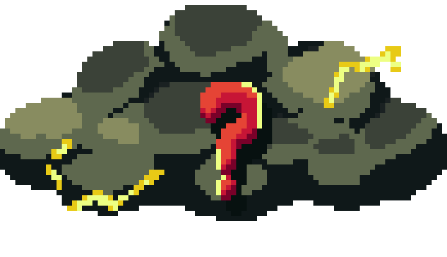 Animated dark cloud with red question mark floating in front in pixel art style.