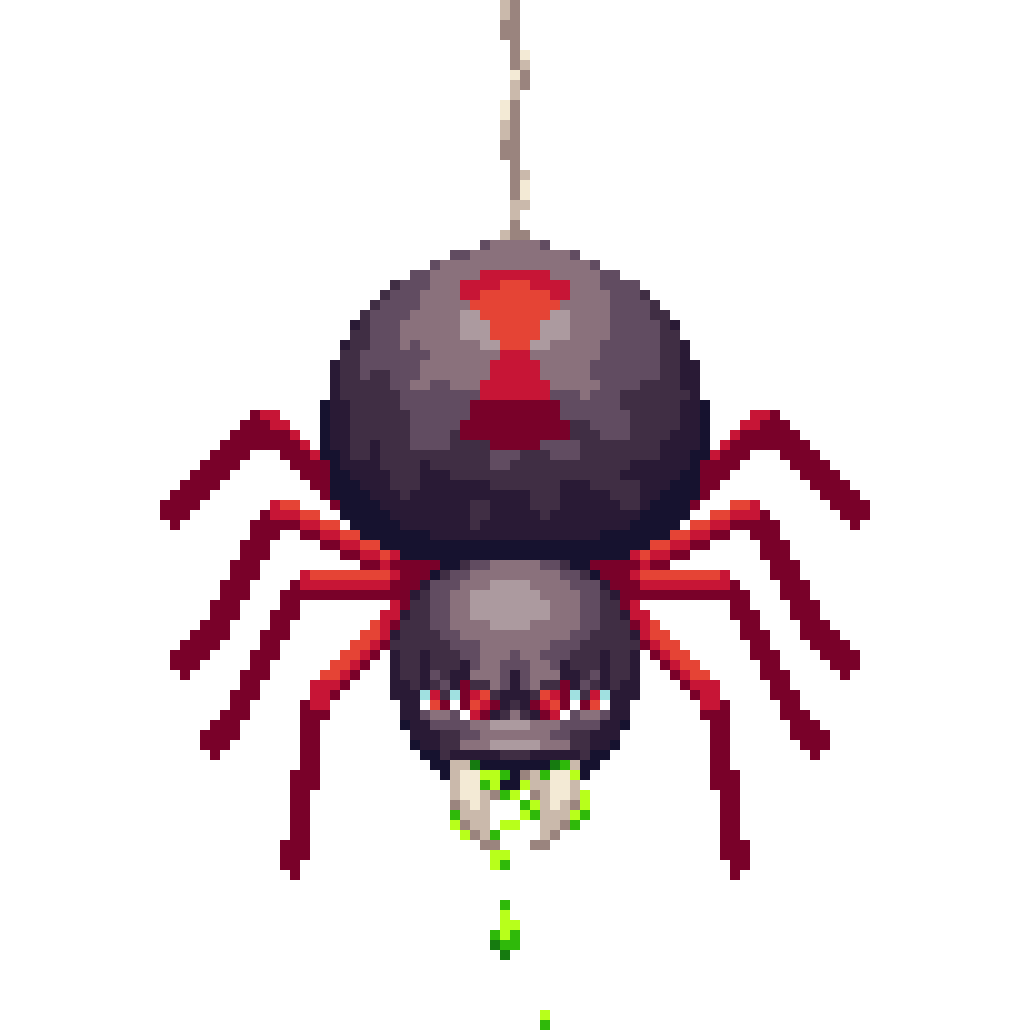 Animated spider spewing green venom in pixel art style.