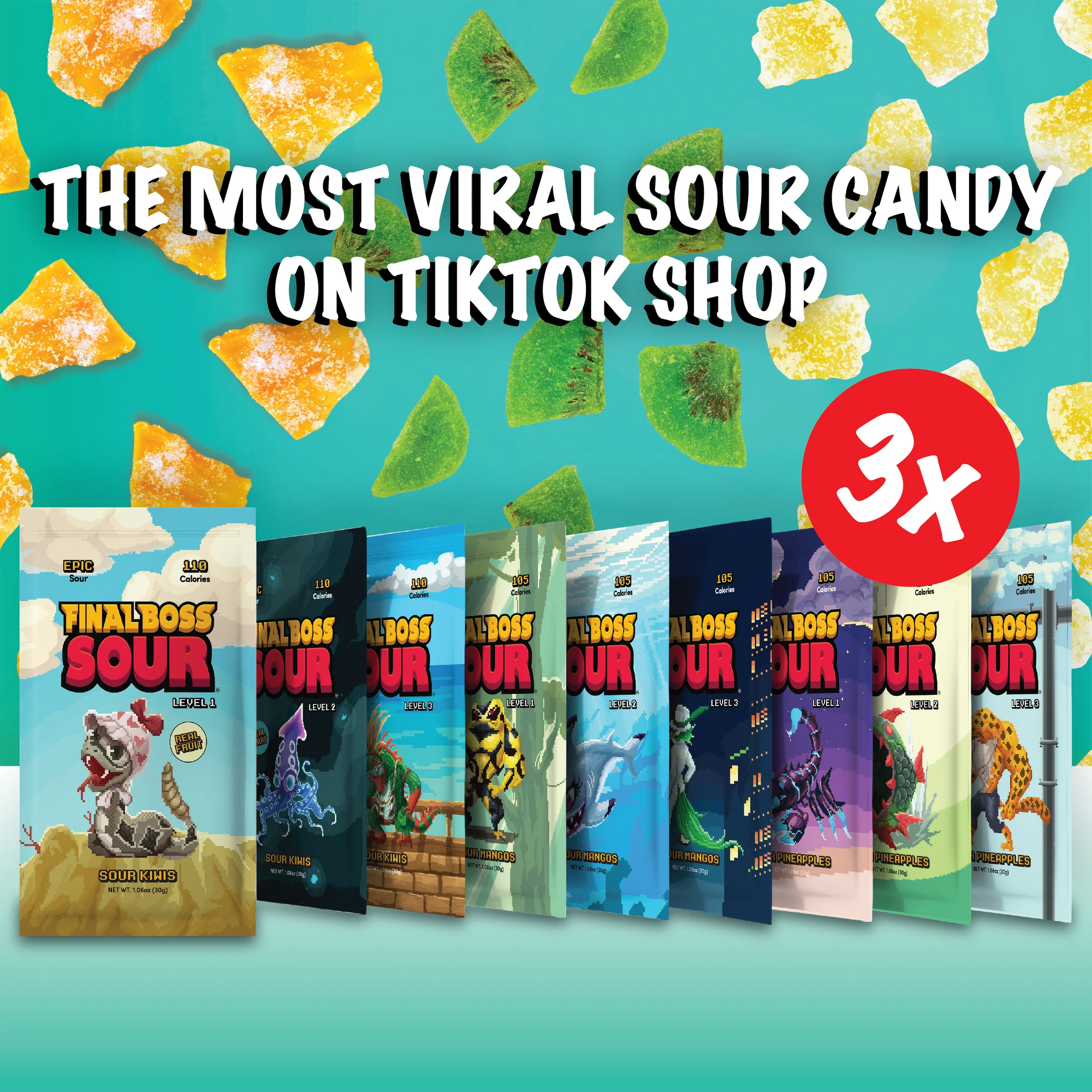 Final Boss Sour Extremely Super Sour Candy, Tropical Flavor Sampler Pack, Natural Fruit Chews with Dried Fruit, Cane Sugar & Sunflower Oil, All Sour Levels, Low Calorie Healthy Snack for Kids, Teens, Adults, Lunch Boxes & On The Go, 18 Pack
